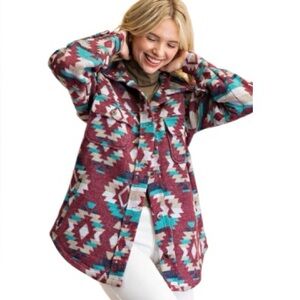 Retro Aztec Flannel Button Down Oversized Quilt Lined Jacquard Shacket Size M/L